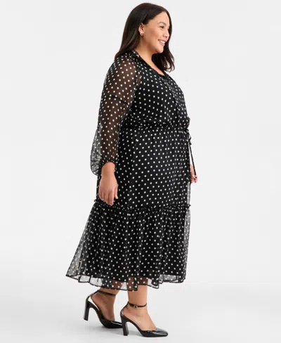 On 34th Trendy Plus Size Chiffon Polka-dot Tie-waist Maxi Dress, Macy's Exclusive In Black