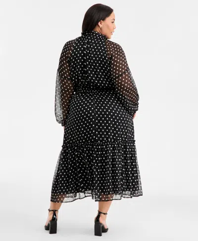 On 34th Trendy Plus Size Chiffon Polka-dot Tie-waist Maxi Dress, Macy's Exclusive In Black