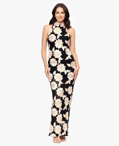 Betsy & Adam Petite 3d Embroidered Flower Sleeveless Long Dress In Black