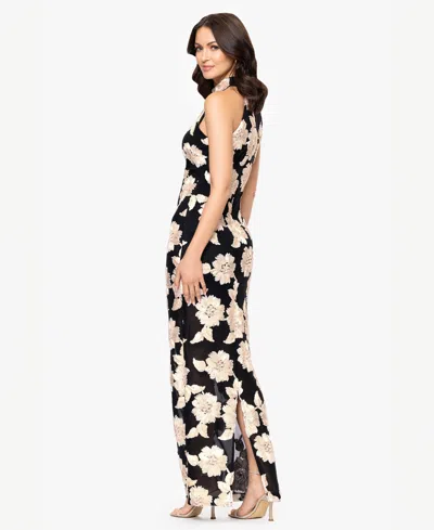 Betsy & Adam Petite 3d Embroidered Flower Sleeveless Long Dress In Black