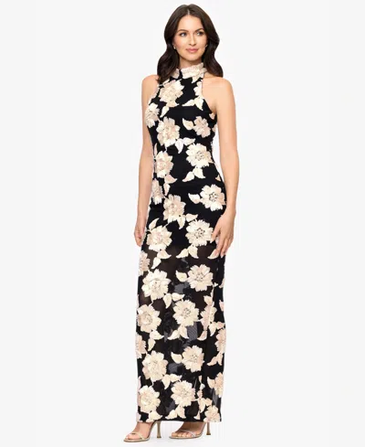 Betsy & Adam Petite 3d Embroidered Flower Sleeveless Long Dress In Black