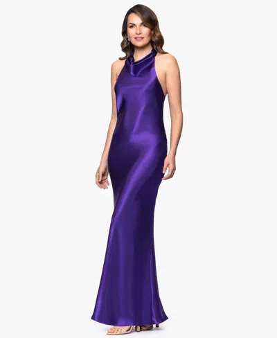Betsy & Adam Women's Halter-neck Sleeveless Satin Gown In Purple