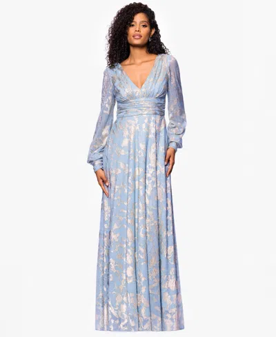 Betsy & Adam Foil Pattern Long Sleeve Gown In Blue