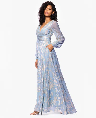 Betsy & Adam Foil Pattern Long Sleeve Gown In Blue