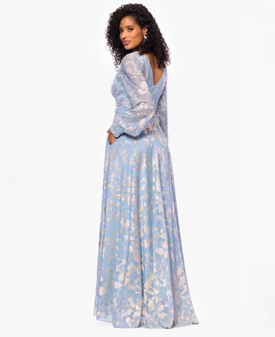 Betsy & Adam Foil Pattern Long Sleeve Gown In Blue