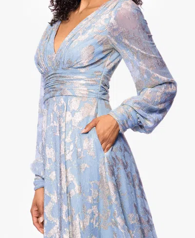 Betsy & Adam Foil Pattern Long Sleeve Gown In Blue
