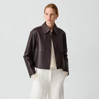Theory Cropped Trench In Sleek Leather In Brown