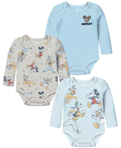 Disney Baby Boys 3-pack Mickey Mouse Printed Long Sleeve Bodysuit Set In Multi