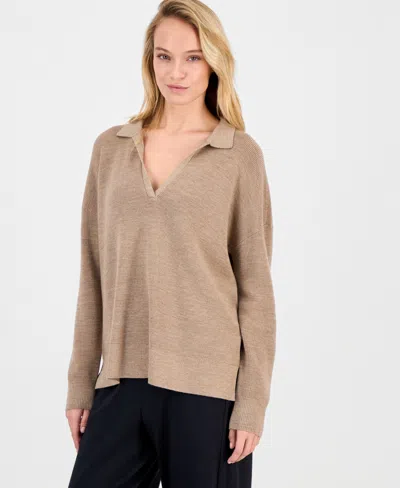 Eileen Fisher Women's Wool Classic-collar Henley Sweater In Brown