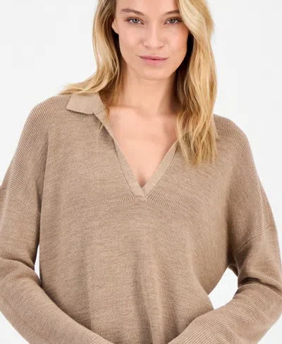 Eileen Fisher Women's Wool Classic-collar Henley Sweater In Brown