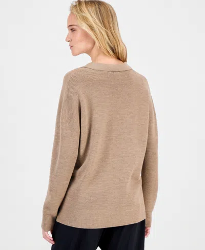 Eileen Fisher Women's Wool Classic-collar Henley Sweater In Brown