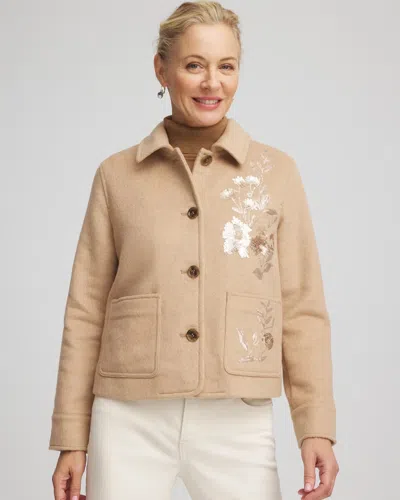 Chico's Embroidered Wool Chore Jacket In Light Taupe Heather