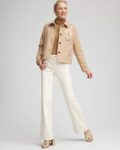 Chico's Embroidered Wool Chore Jacket In Light Taupe Heather