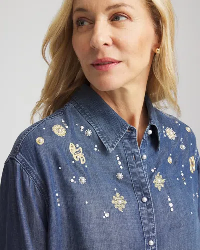 Chico's Embellished Tencel Collar Shirt In Kiruna Indigo