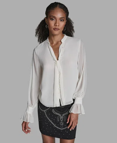 Bcbg Women's Long-sleeve Tie-neck Ruffle Cuff Blouse In Neutral