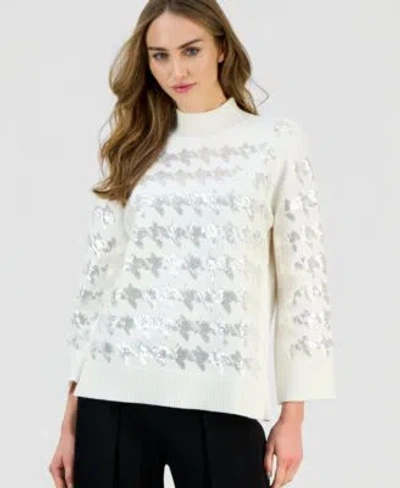 Anne Klein Womens Houndstooth Sequin Mock Neck Sweater P Xxs Xxl In White
