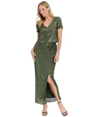 Muse Womens V Neck Sequin Crop Top Side Twist Skirt In Green