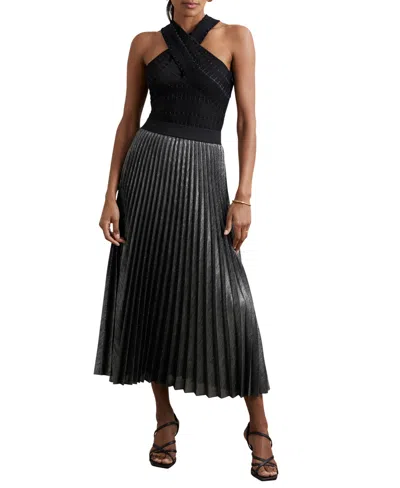 Reiss Charcoal Grey Metallic Pleated Midi Skirt In Black