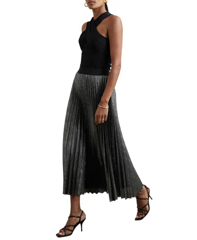 Reiss Charcoal Grey Metallic Pleated Midi Skirt In Black