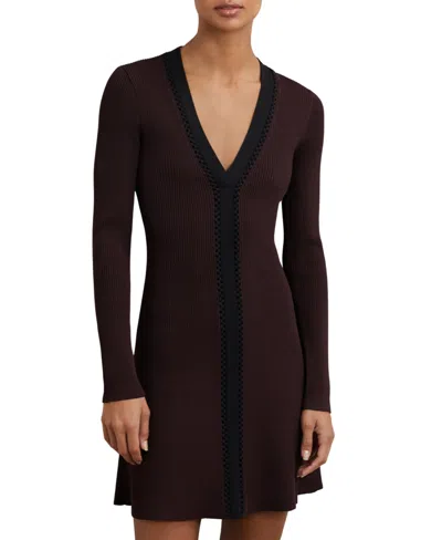 Reiss Burgundy/black Craft-stitch Rib-knit Mini Dress