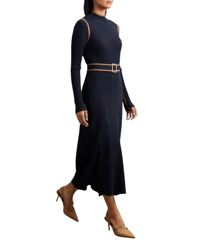 Reiss Navy/camel Colour-block Rib-knit Midi Dress In Blue