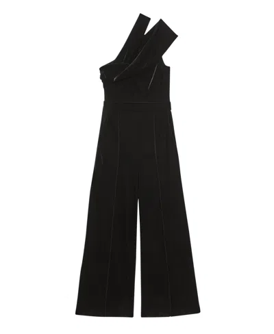 Reiss Black Velvet One-shoulder Wide-leg Jumpsuit In Black