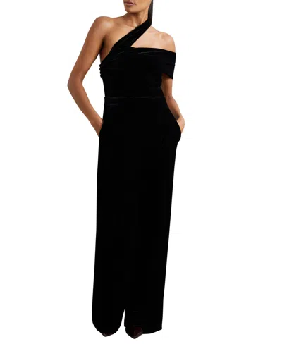 Reiss Black Velvet One-shoulder Wide-leg Jumpsuit In Black