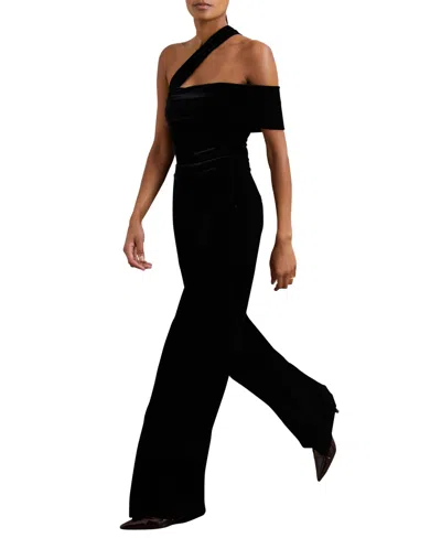 Reiss Black Velvet One-shoulder Wide-leg Jumpsuit In Black