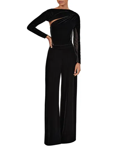 Reiss Black Velvet Sheer-panel Wide-leg Jumpsuit In Black