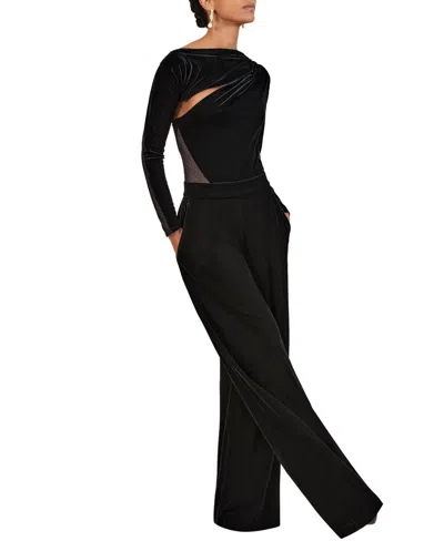 Reiss Black Velvet Sheer-panel Wide-leg Jumpsuit In Black