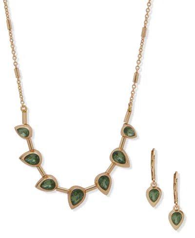 Anne Klein 2-piece Teardrop Bezel Stone Frontal Necklace And Earrings Set In Gold