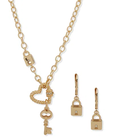 Anne Klein 2-piece Plastic Glass Stone Linked Heart, Lock, Key Necklace And Earrings Set In Gold