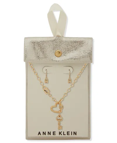 Anne Klein 2-piece Plastic Glass Stone Linked Heart, Lock, Key Necklace And Earrings Set In Gold