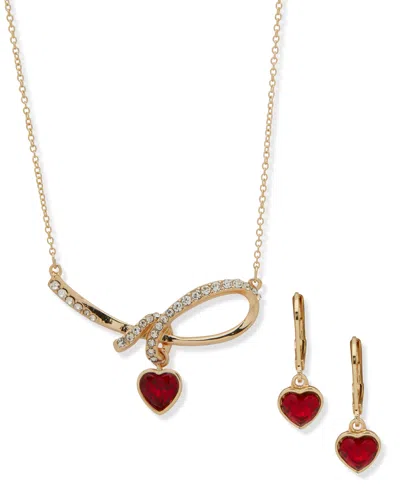 Anne Klein 2-piece Multi-stone Heart Knot Pendant Necklace And Earrings Set In Gold