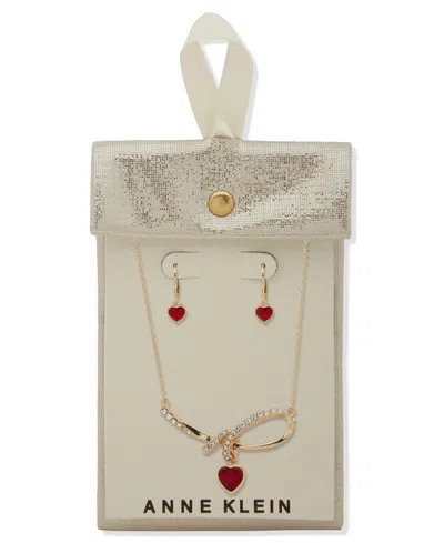 Anne Klein 2-piece Multi-stone Heart Knot Pendant Necklace And Earrings Set In Gold