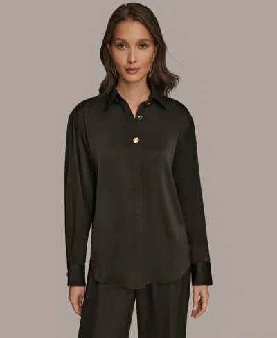 Donna Karan Women's Silk Collared Long Sleeve Button Down Top In Black
