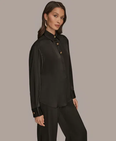 Donna Karan Women's Silk Collared Long Sleeve Button Down Top In Black