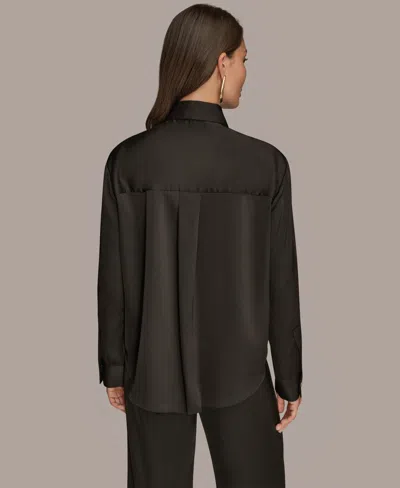 Donna Karan Women's Silk Collared Long Sleeve Button Down Top In Black
