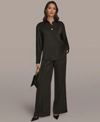 Donna Karan Women's Silk Collared Long Sleeve Button Down Top In Black