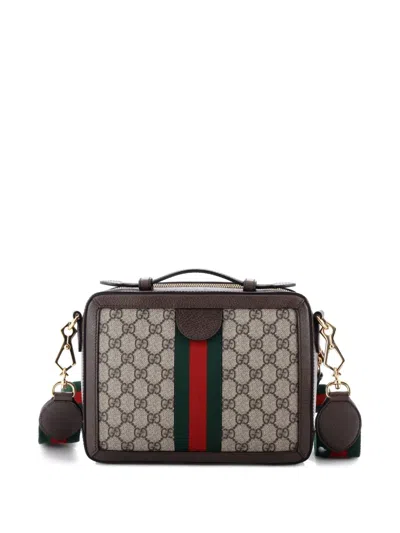 Pre-owned Gucci Ophidia Zip Around Camera Bag Gg Coated Canvas Small Shoulder Bag In Brown