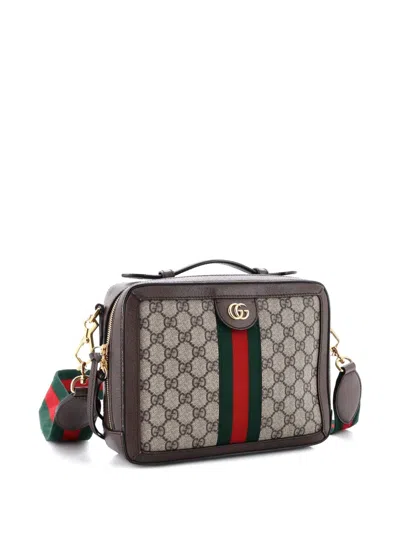 Pre-owned Gucci Ophidia Zip Around Camera Bag Gg Coated Canvas Small Shoulder Bag In Brown