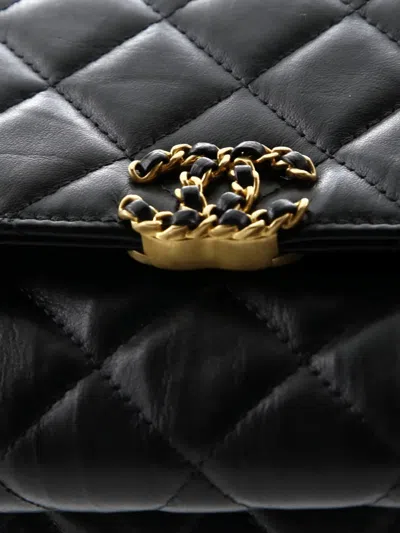Pre-owned Chanel Cc Wide Chain Compartment Flap Phone Holder Quilted Aged Calfskin Crossbody Bag In Black