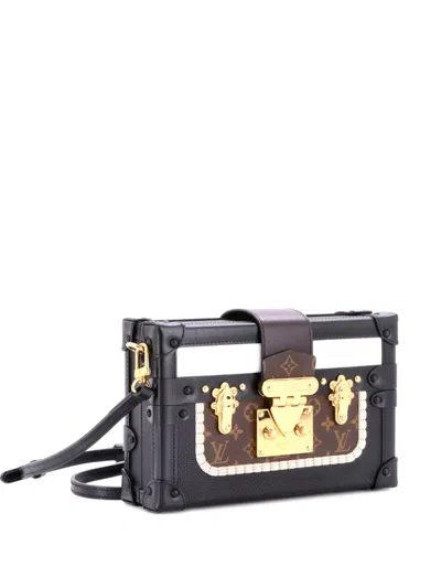 Pre-owned Louis Vuitton Petite Malle Handbag Leather And Monogram Canvas With Trompe L'oeil Braid Clutch Bag In Black