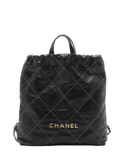 Pre-owned Chanel 2021-2025 Large Shiny Quilted Calfskin 22 Backpack In Black