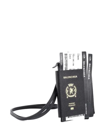 Pre-owned Balenciaga Passport Phone Holder Printed Leather Crossbody Bag In Black