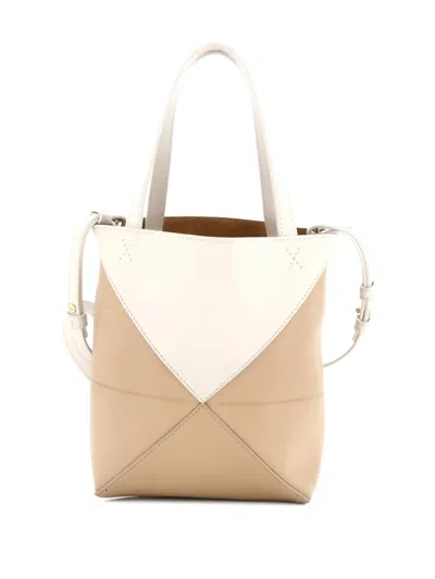 Pre-owned Loewe Puzzle Fold Leather Mini Tote Bag In Neutral