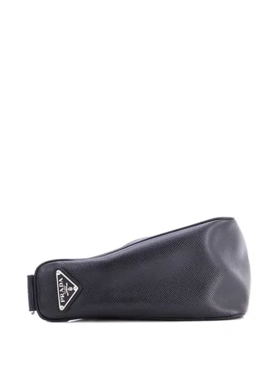 Pre-owned Prada Triangle Logo Zip Soft Leather Small Crossbody Bag In Black