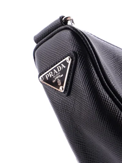 Pre-owned Prada Triangle Logo Zip Soft Leather Small Crossbody Bag In Black