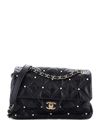 Pre-owned Chanel Cc Flap Bag Pearl Studded Quilted Lambskin Medium Shoulder Bag In Black