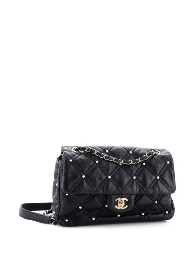 Pre-owned Chanel Cc Flap Bag Pearl Studded Quilted Lambskin Medium Shoulder Bag In Black